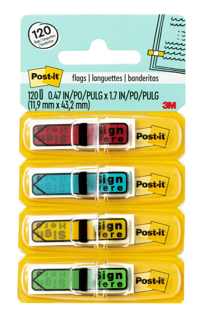 Post-it Message Sign Here Flags, 30/Dispenser, 4 Dispensers/Pack, .47 in Wide, Assorted Colors (684-SH) - Image 1