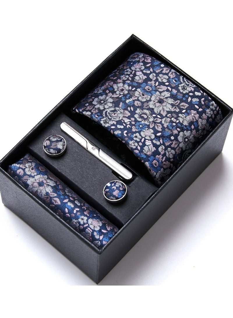 Men's Floral Patterned Set with Pocket Square, Cufflinks & Tie Clip - Formal Tie with Handkerchief in Gift Box for Business, Wedding, Office, Parties & Corporate Gifting - Image 1