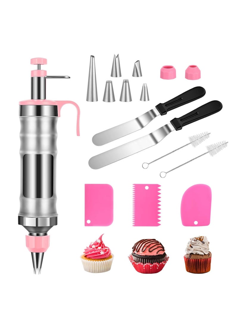 KASTWAVE Icing Decoration Gun Set, Stainless Steel Dessert Decorating Syringe, Cake Decorating Gun, Cupcake Piping Kit with 6 Icing Nozzles, 3 Cream Scraper, 2 Offset Spatula, 2 Nozzle Brush for Kitchen Baking - Image 1