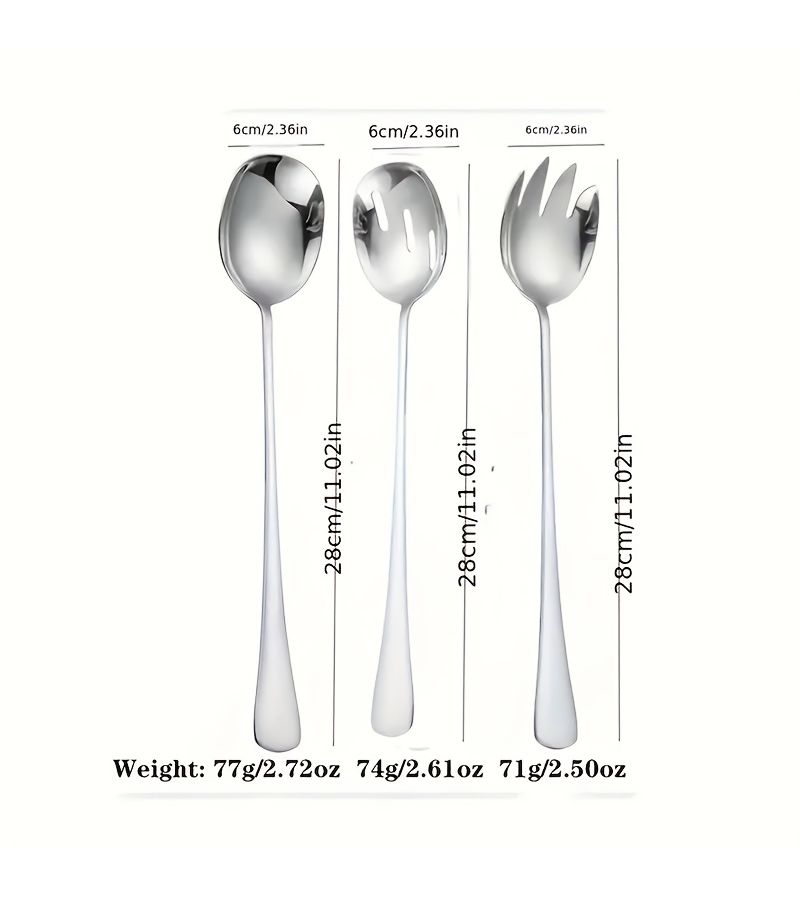 3 Pieces Silvery Stainless Steel Extra Long Handle Salad Forks Spoons Colander Buffet Serving Spoon Utility Cutlery - Image 1