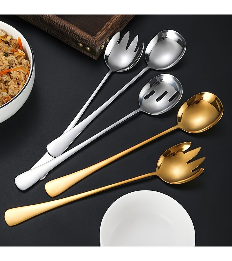 3 Pieces Silvery Stainless Steel Extra Long Handle Salad Forks Spoons Colander Buffet Serving Spoon Utility Cutlery - Image 2