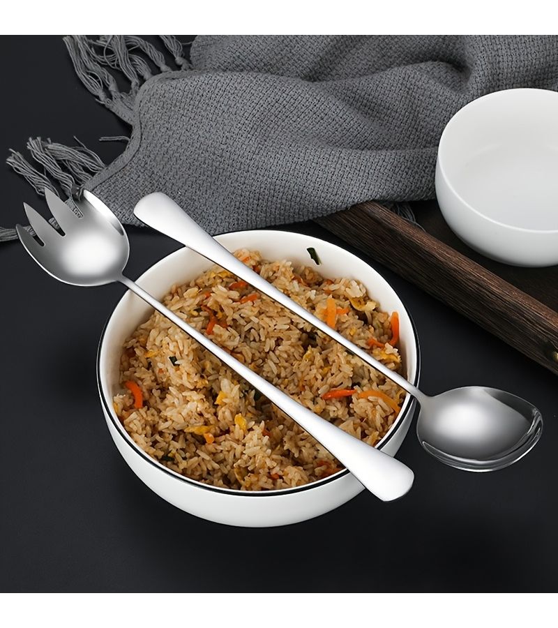 3 Pieces Silvery Stainless Steel Extra Long Handle Salad Forks Spoons Colander Buffet Serving Spoon Utility Cutlery - Image 3