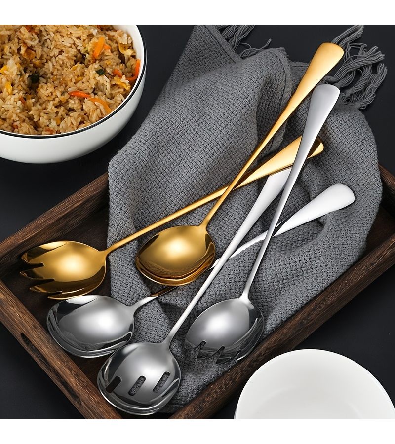 3 Pieces Silvery Stainless Steel Extra Long Handle Salad Forks Spoons Colander Buffet Serving Spoon Utility Cutlery - Image 4