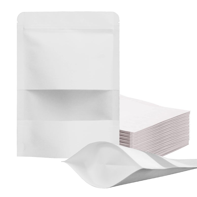 FireKylin 100 Pcs Resealable Bags47 x 79 Stand Up White Kraft Paper Bags with Matte Window Zip Lock Food Storage Bags for Packaging Products Reusable Sealable
