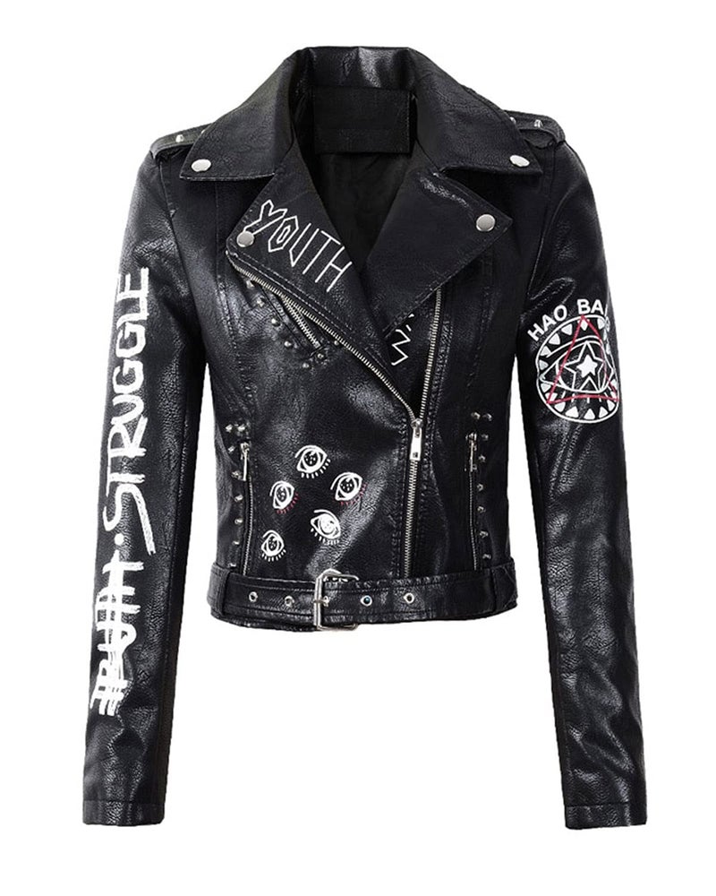 LY VAREY LIN Women's Print Faux Leather Punk Jacket Biker Motorcycle Jacket with Belt (Black, x_l) - Image 3