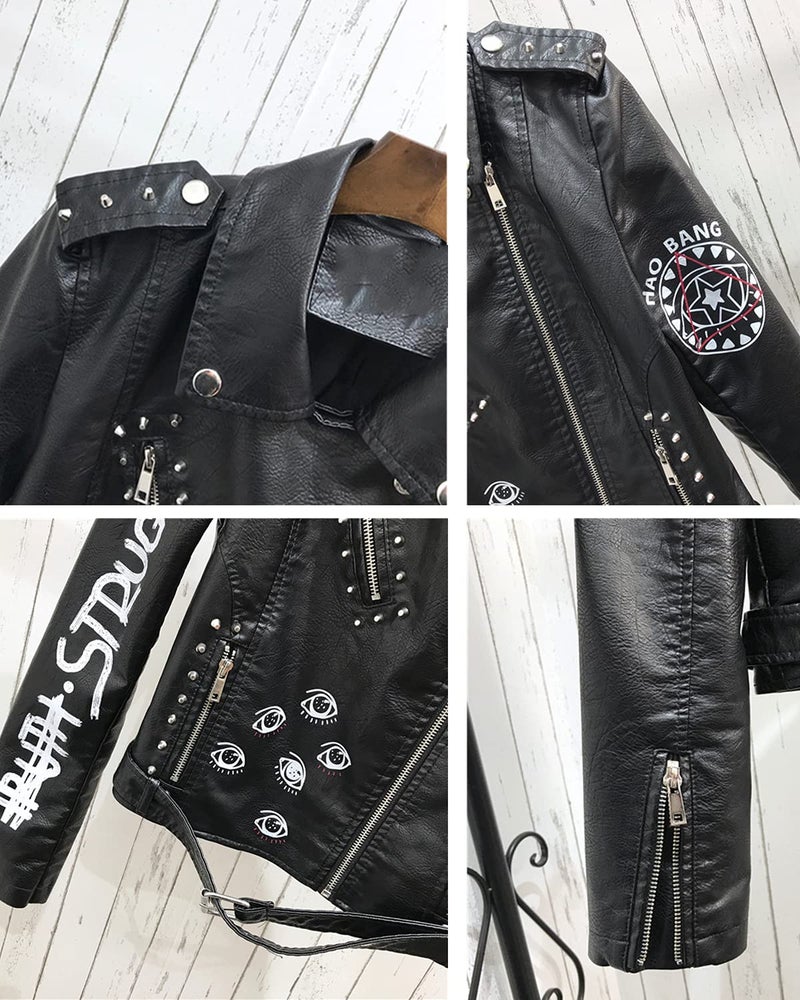 LY VAREY LIN Women's Print Faux Leather Punk Jacket Biker Motorcycle Jacket with Belt (Black, x_l) - Image 5