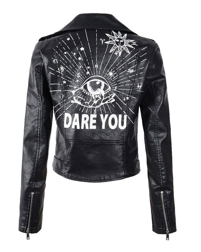 LY VAREY LIN Women's Print Faux Leather Punk Jacket Biker Motorcycle Jacket with Belt (Black, x_l) - Image 2
