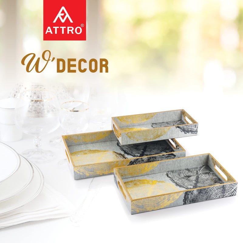 ATTRO Circle Gold Designer Wooden Serving Trays Rectangular, 1 Big Tray, 1 Medium Tray, 1 Small Tray for Home Décor, Kitchen Use, Dinning Tray - Set of 3, Multicolour, Standard - Image 5