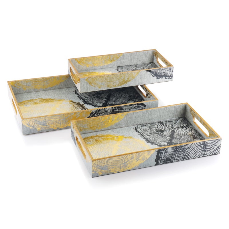 ATTRO Circle Gold Designer Wooden Serving Trays Rectangular, 1 Big Tray, 1 Medium Tray, 1 Small Tray for Home Décor, Kitchen Use, Dinning Tray - Set of 3, Multicolour, Standard - Image 1