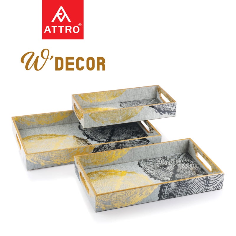 ATTRO Circle Gold Designer Wooden Serving Trays Rectangular, 1 Big Tray, 1 Medium Tray, 1 Small Tray for Home Décor, Kitchen Use, Dinning Tray - Set of 3, Multicolour, Standard - Image 2