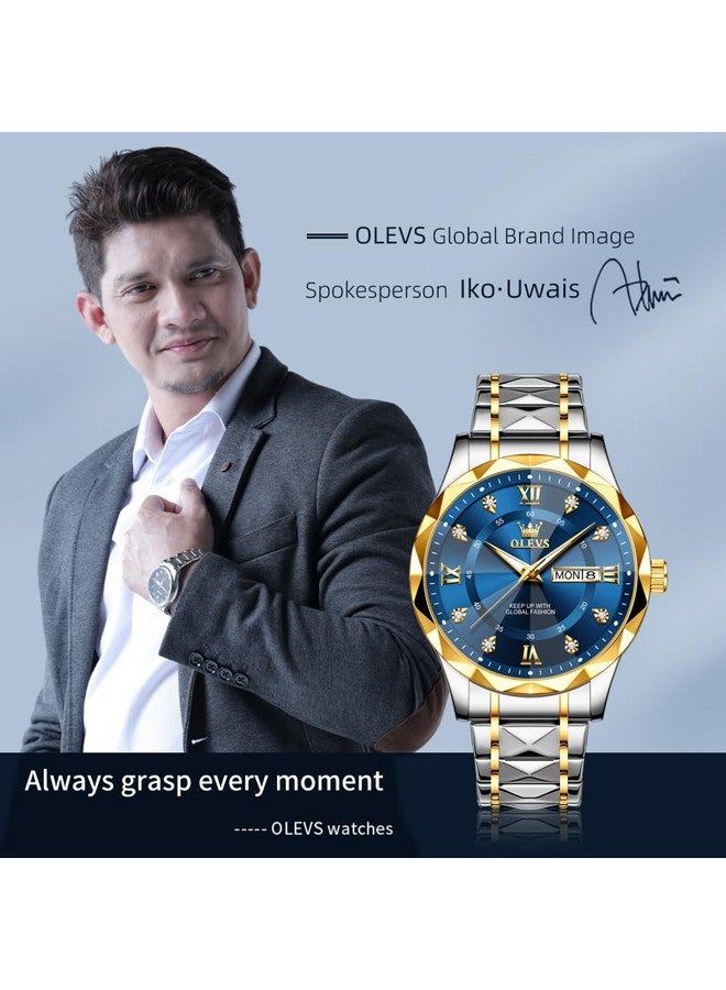 أوليفز ساعات OLEVS للرجال بتقويم تاريخ اليوم وساعة يد زرقاء كوارتز أنالوج من الفولاذ المقاوم للصدأ بلونين مقاومة للماء ومضيئة للرجال - Image 2
