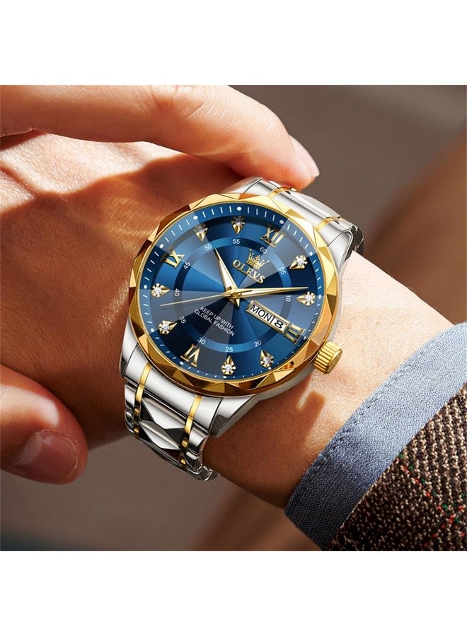 أوليفز ساعات OLEVS للرجال بتقويم تاريخ اليوم وساعة يد زرقاء كوارتز أنالوج من الفولاذ المقاوم للصدأ بلونين مقاومة للماء ومضيئة للرجال - Image 4