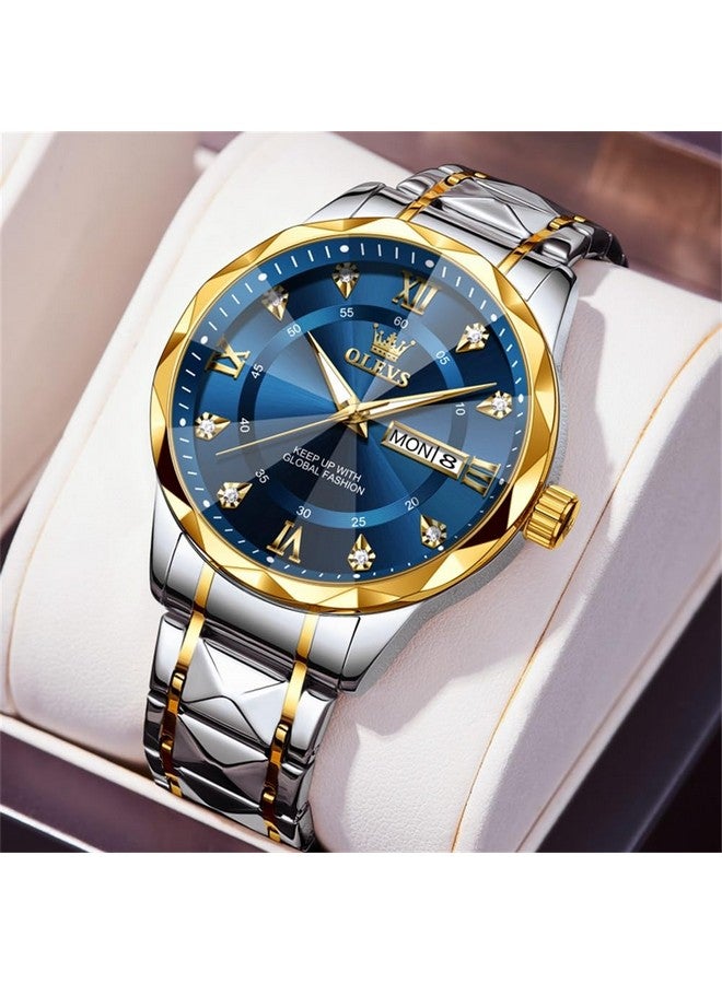 أوليفز ساعات OLEVS للرجال بتقويم تاريخ اليوم وساعة يد زرقاء كوارتز أنالوج من الفولاذ المقاوم للصدأ بلونين مقاومة للماء ومضيئة للرجال - Image 3