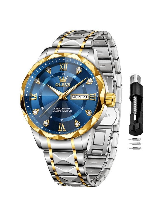 أوليفز ساعات OLEVS للرجال بتقويم تاريخ اليوم وساعة يد زرقاء كوارتز أنالوج من الفولاذ المقاوم للصدأ بلونين مقاومة للماء ومضيئة للرجال - Image 1
