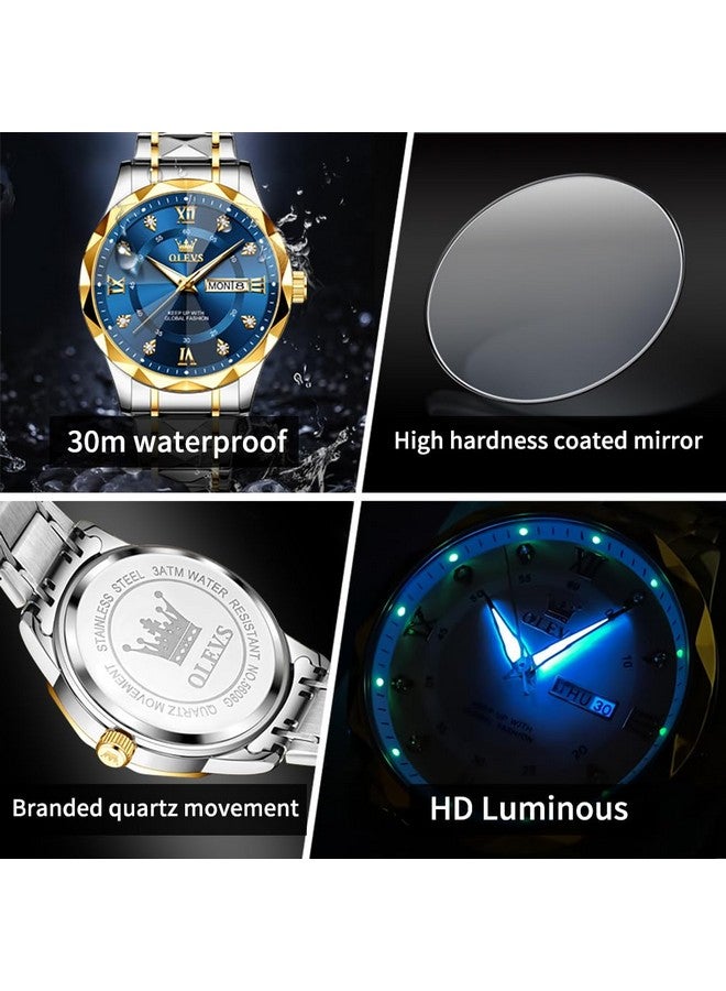 أوليفز ساعات OLEVS للرجال بتقويم تاريخ اليوم وساعة يد زرقاء كوارتز أنالوج من الفولاذ المقاوم للصدأ بلونين مقاومة للماء ومضيئة للرجال - Image 5