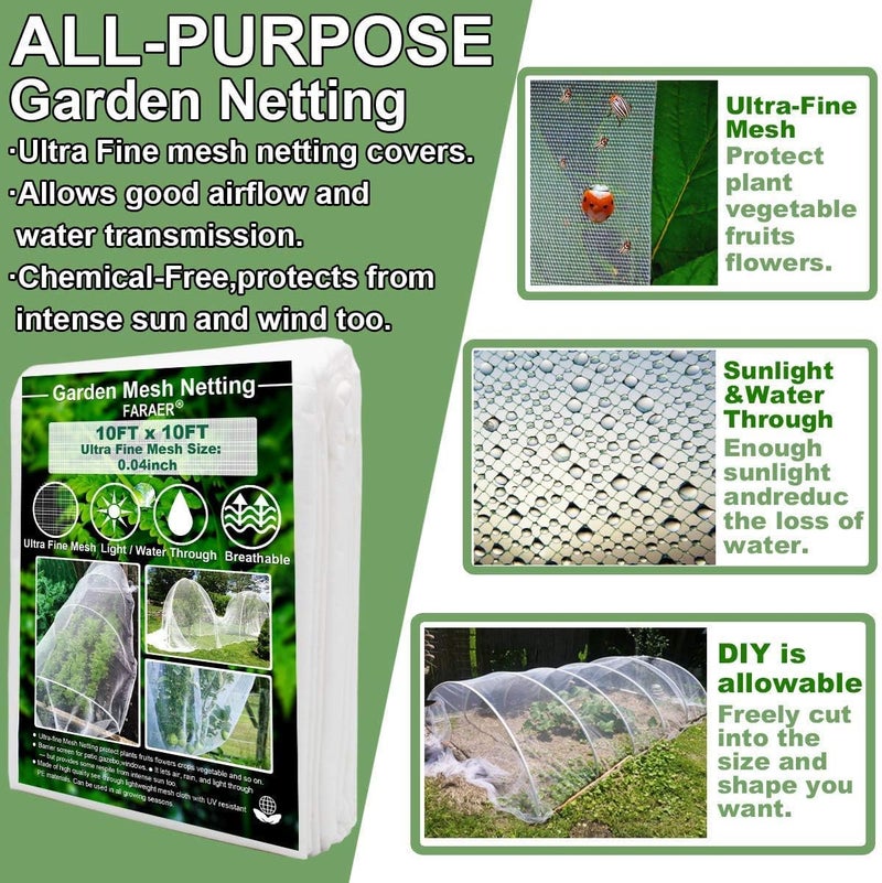 FARAER Garden Barrier Netting, Plant Covers 10x10Ft Ultra Fine Mesh Netting Protect for Vegetable Plants Fruits Flowers Crops Greenhouse Row Covers Raised Bed Barrier Screen Birds Animals Protection Net - Image 2
