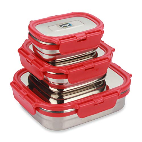Veigo Premium Finish Classic Celebration Big, Small & Medium Stainless Steel Lunch Box Airtight Leakproof Easy to fit into Any Bags Perfect for Office,School,Outdoor-630ml+330ml+180ml Red - Image 1