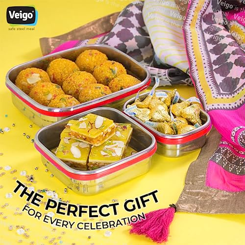 Veigo Premium Finish Classic Celebration Big, Small & Medium Stainless Steel Lunch Box Airtight Leakproof Easy to fit into Any Bags Perfect for Office,School,Outdoor-630ml+330ml+180ml Red - Image 2