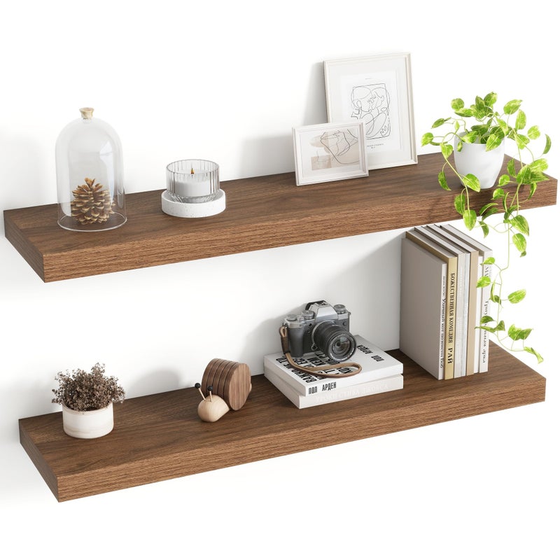 Acovy 30 Inch Floating Shelves, 8 Inch Deep Floating Shelves for Wall, Hanging Shelf with Invisible Brackets, Deep Shelves for Bathroom, Bedroom, Living Room, Walnut, Set of 2 - Image 1