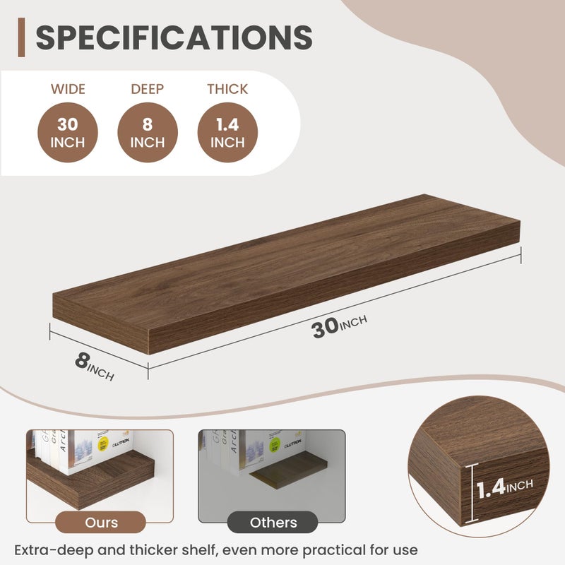 Acovy 30 Inch Floating Shelves, 8 Inch Deep Floating Shelves for Wall, Hanging Shelf with Invisible Brackets, Deep Shelves for Bathroom, Bedroom, Living Room, Walnut, Set of 2 - Image 2