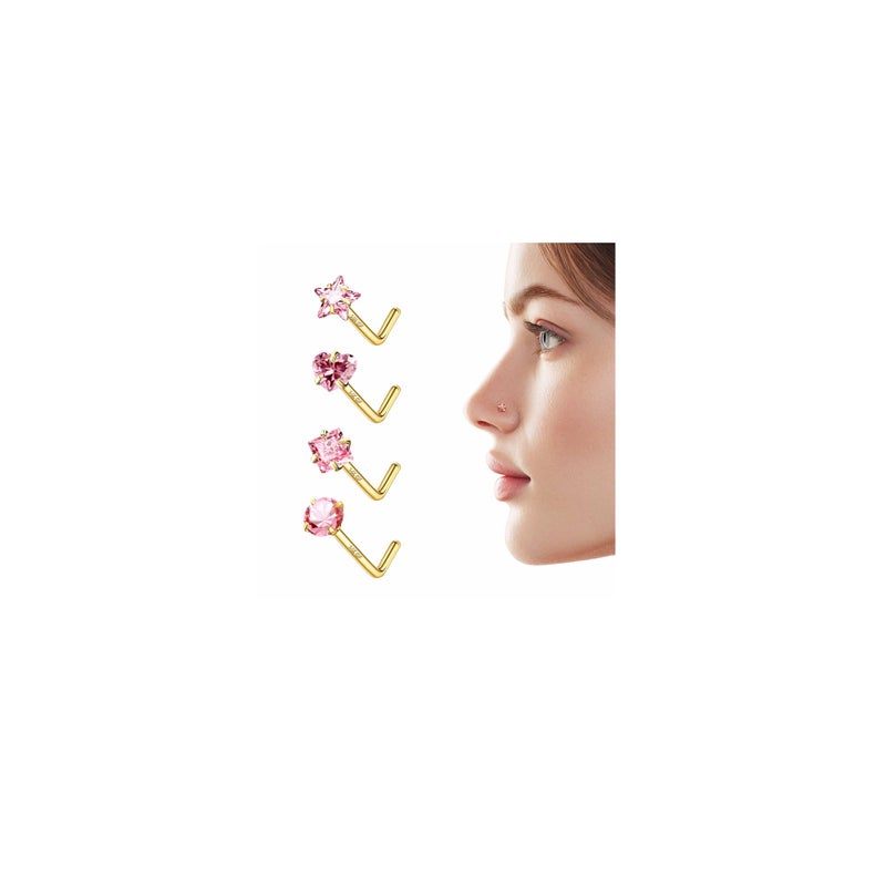 ALACLO 14K Gold Filled 4Pcs Nose Studs 20G Gold Nose Rings Studs for Women Men L Shaped Nostril Piercing Jewelry Hypoallergenic Pink CZ - Image 1
