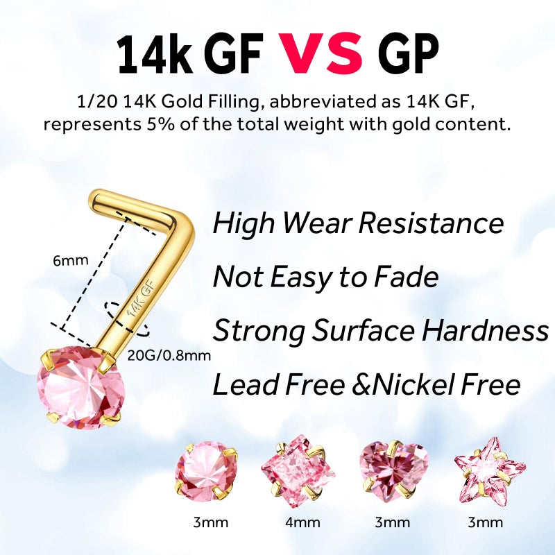ALACLO 14K Gold Filled 4Pcs Nose Studs 20G Gold Nose Rings Studs for Women Men L Shaped Nostril Piercing Jewelry Hypoallergenic Pink CZ - Image 2