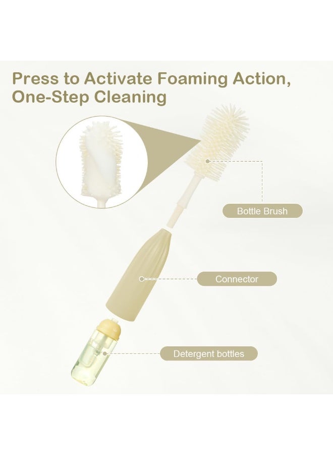 ATRJSZ Innovative Press-to-Foam Baby Bottle Brush Set, Food-Grade Silicone Cleaner Kit with Teat & Straw Brush, Easy 360° Cleaning for Baby Bottles, Water Bottles & Breast Pump Parts (Khaki) - Image 3