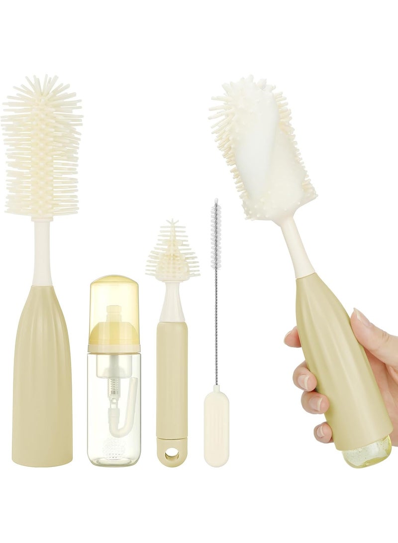 ATRJSZ Innovative Press-to-Foam Baby Bottle Brush Set, Food-Grade Silicone Cleaner Kit with Teat & Straw Brush, Easy 360° Cleaning for Baby Bottles, Water Bottles & Breast Pump Parts (Khaki) - Image 1