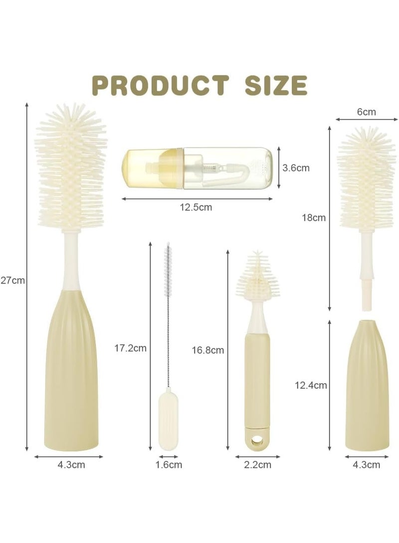 ATRJSZ Innovative Press-to-Foam Baby Bottle Brush Set, Food-Grade Silicone Cleaner Kit with Teat & Straw Brush, Easy 360° Cleaning for Baby Bottles, Water Bottles & Breast Pump Parts (Khaki) - Image 2