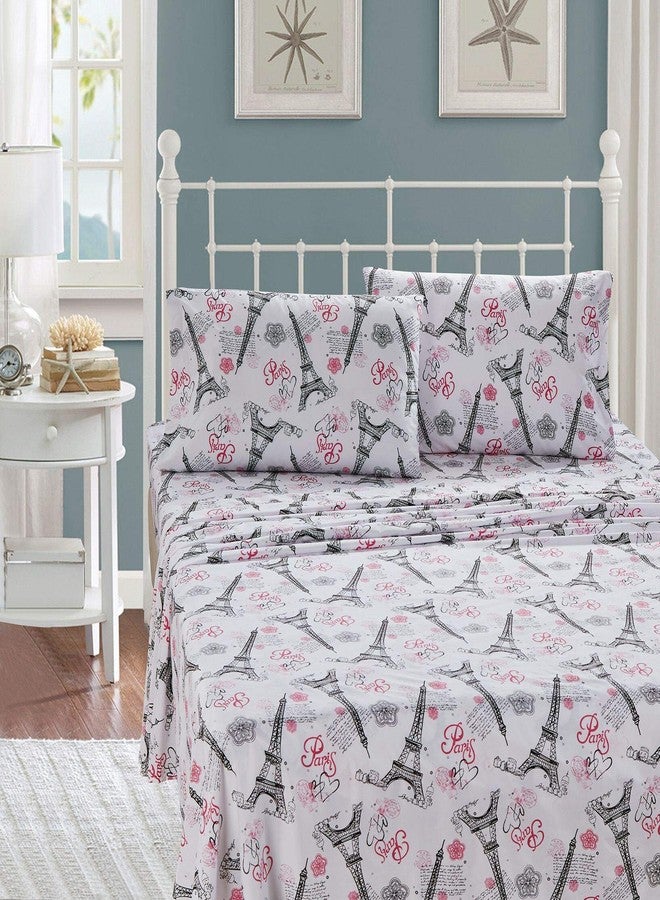 Kids Zone Home Collection Sheet Set Girls/Teens Paris Eiffel Tower Hearts Flowers White Pink Black Pink / White New # Flatscreen Paris (White, Twin) - Image 2