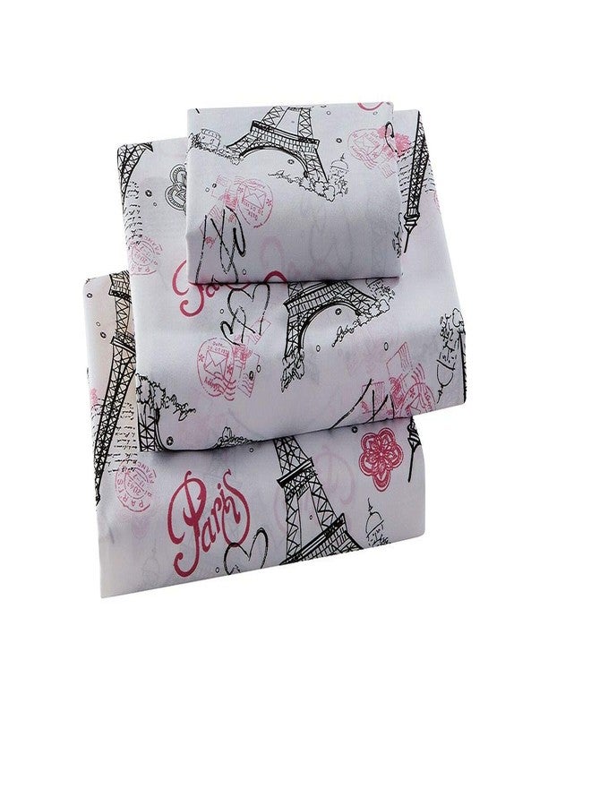 Kids Zone Home Collection Sheet Set Girls/Teens Paris Eiffel Tower Hearts Flowers White Pink Black Pink / White New # Flatscreen Paris (White, Twin) - Image 1