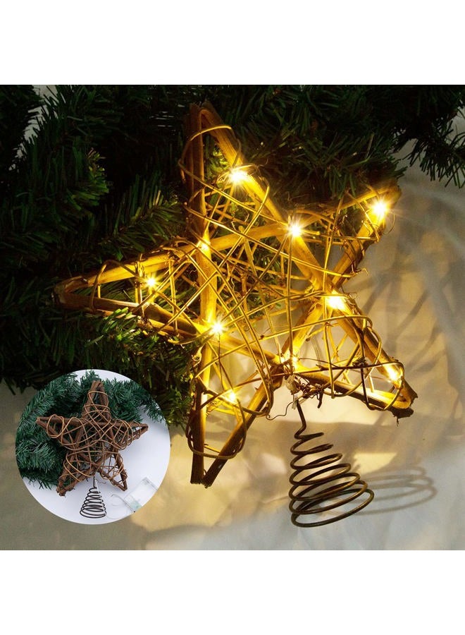 LAWOHO Christmas Tree Topper Star, 10-inch Rustic Brown Rattan Natural with 10 Warm White Lights Three Functions with Timer, Seasonal Decoration for Festive Christmas Home Indoor Ornament - Image 1