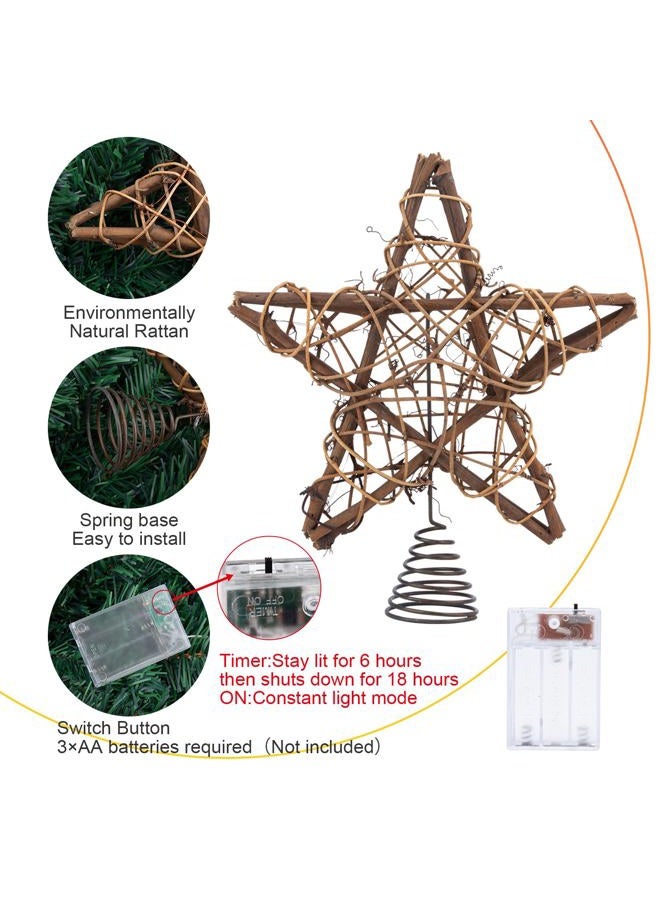 LAWOHO Christmas Tree Topper Star, 10-inch Rustic Brown Rattan Natural with 10 Warm White Lights Three Functions with Timer, Seasonal Decoration for Festive Christmas Home Indoor Ornament - Image 3