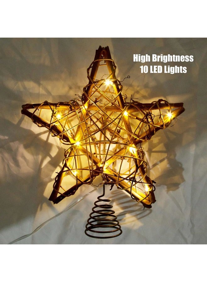 LAWOHO Christmas Tree Topper Star, 10-inch Rustic Brown Rattan Natural with 10 Warm White Lights Three Functions with Timer, Seasonal Decoration for Festive Christmas Home Indoor Ornament - Image 2