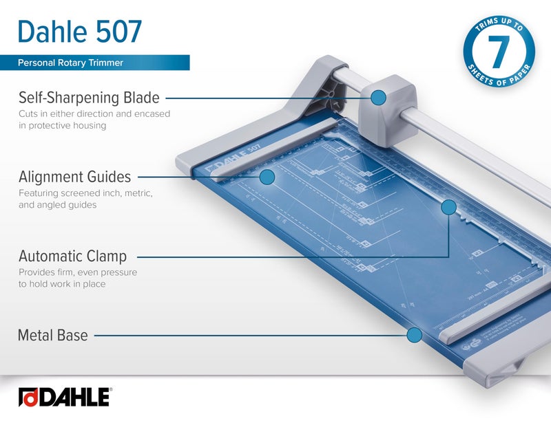 Dahle 507 Personal Rotary Trimmer, 12" Cut Length, 7 Sheet Capacity, Self-Sharpening, Automatic Clamp, German Engineered Paper Cutter - Image 5
