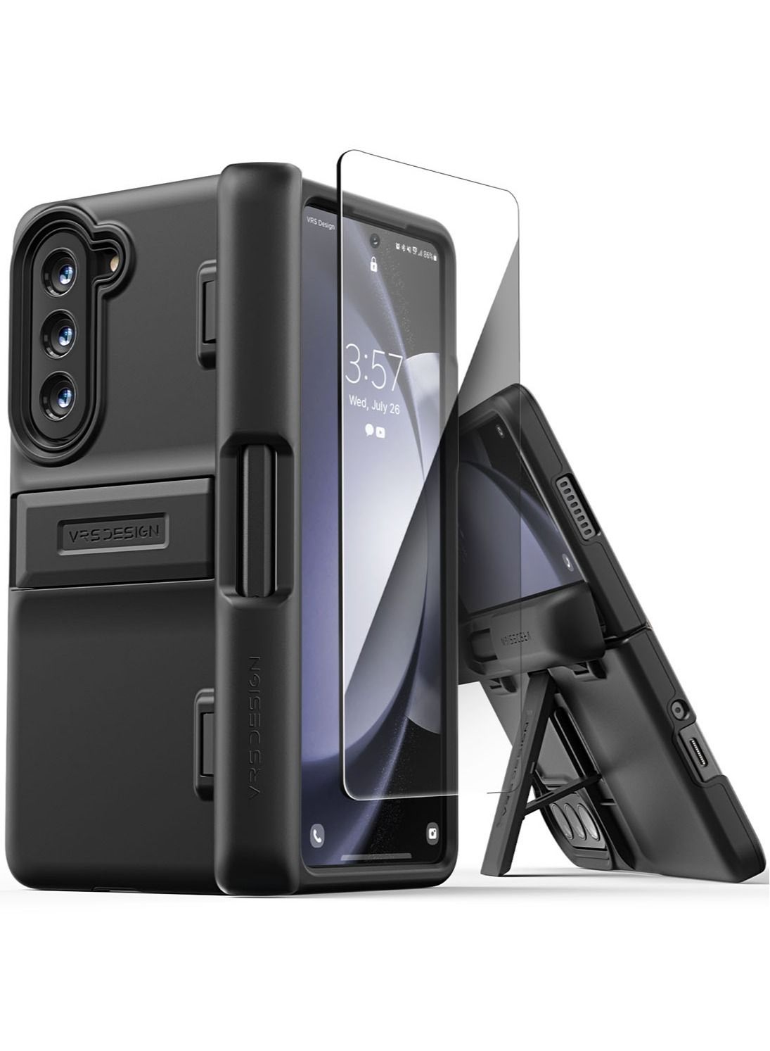 VRS Design Quick Stand Modern Samsung Galaxy Fold 5 Case Cover with with S-Pen Compartment in Hinge Protection & Multi Angle Kickstand & Front Screen Protector- Matte Black