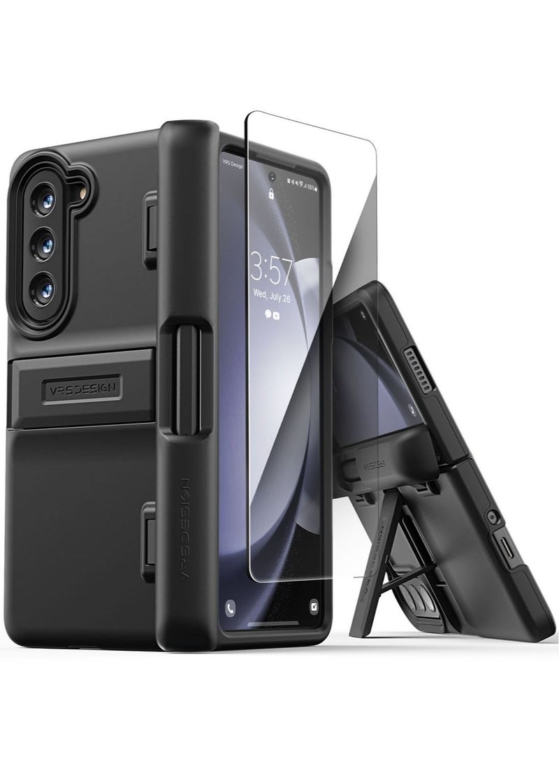 VRS Design Quick Stand Modern Samsung Galaxy Fold 5 Case Cover with with S-Pen Compartment in Hinge Protection & Multi Angle Kickstand & Front Screen Protector- Matte Black  - Image 1