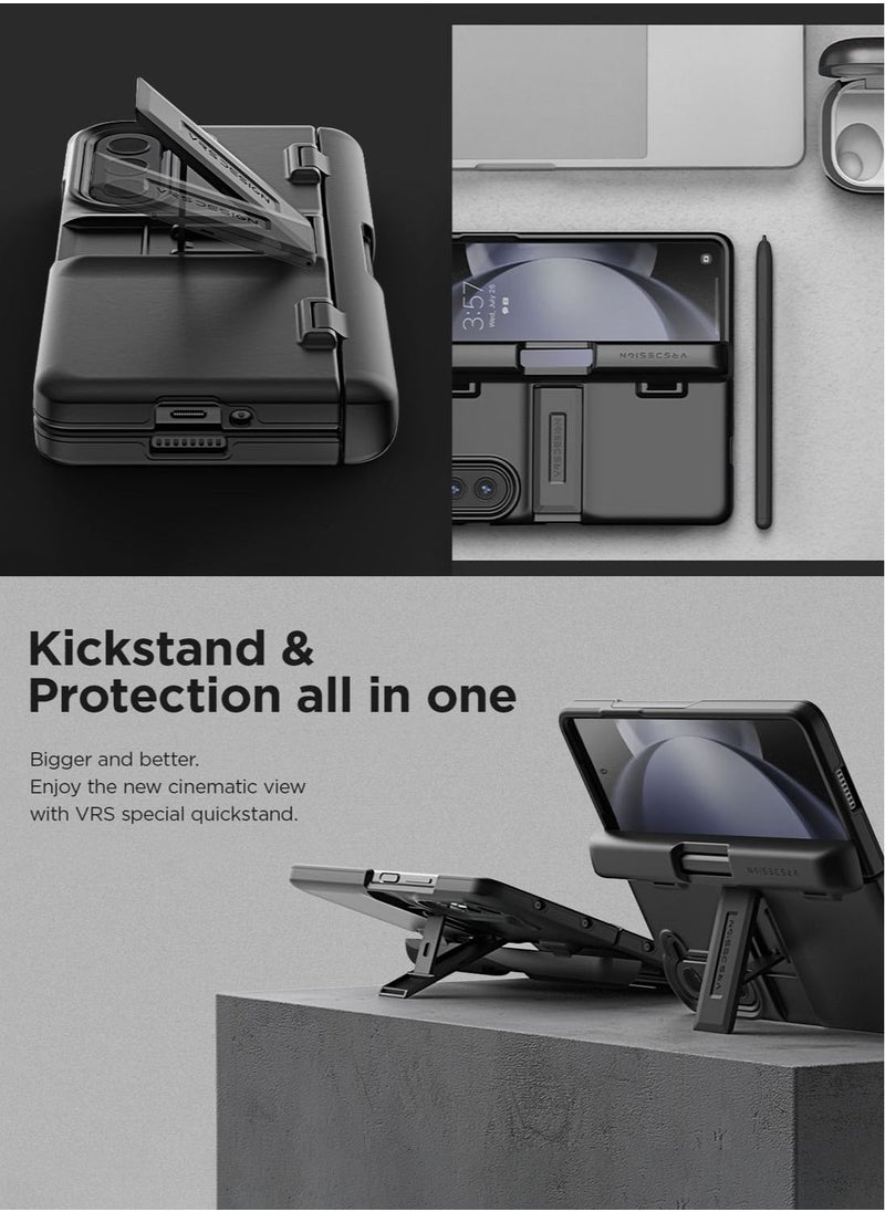 VRS Design Quick Stand Modern Samsung Galaxy Fold 5 Case Cover with with S-Pen Compartment in Hinge Protection & Multi Angle Kickstand & Front Screen Protector- Matte Black  - Image 2