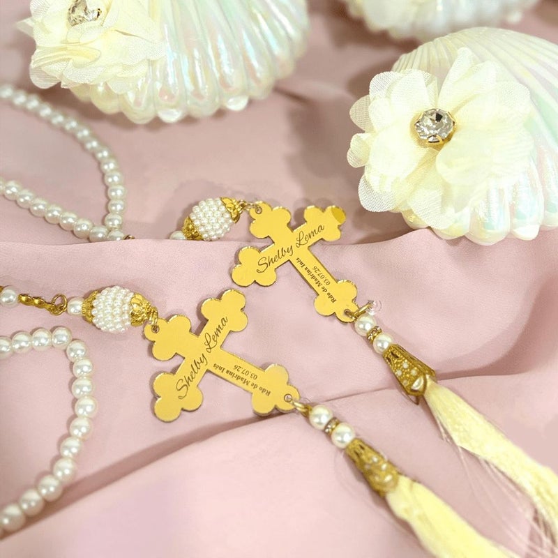Personalized Baptism Party Photo Booth Props 50pcs Beige Flowers Rosary Keepsake Acrylic Sign For Boys Girls Christening Birthday Bridal Shower Quinceanera - Image 3