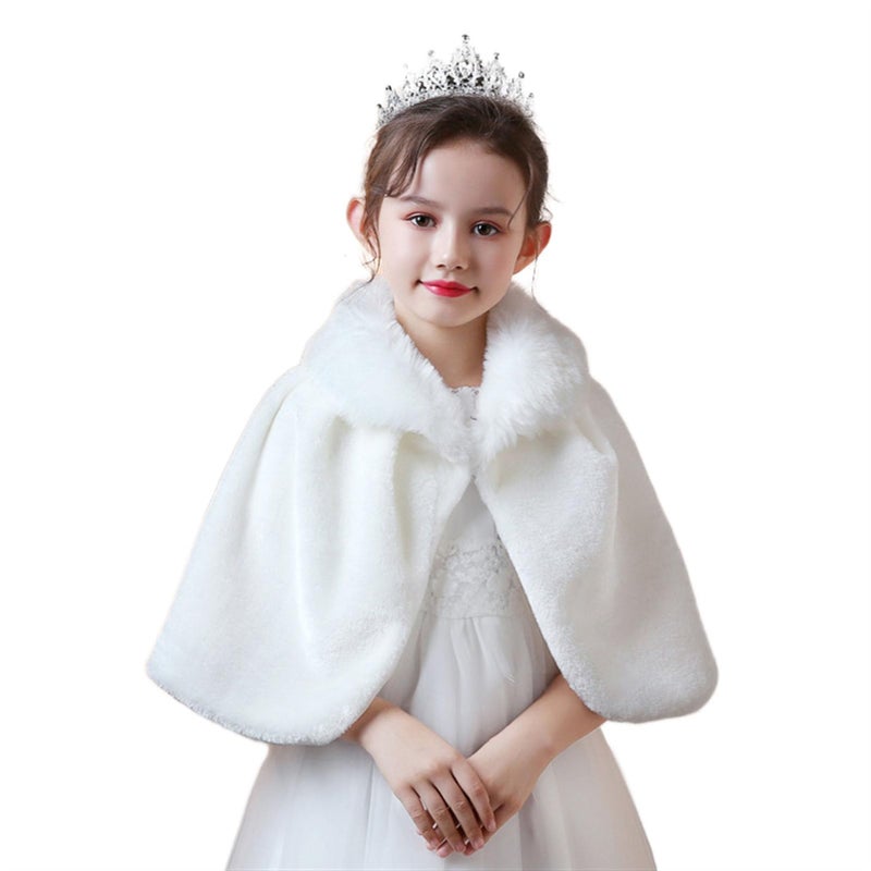 SK Studio Girls Faux Fur Wraps Shawl Girl Bolero Shrug Princess Cape Party Dress Up Jacket, White, White, 5-7 Years - Image 1