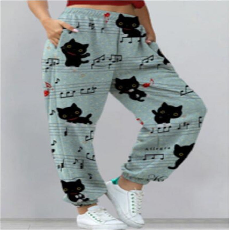 2023 Amazon Cross-border Explosions European and American Womens Casual Sports Joker Printed Sweater Womens Pants Ankle Pants Cat Cat 