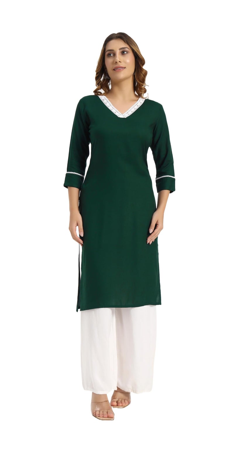 Parvdi Women’s Solid Rayon Straight Kurti Plain Regular Wear Kurta Green L - Image 1