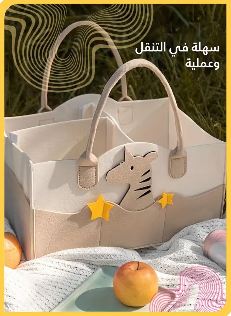 Large Capacity Felt Diaper Bag, Portable Foldable Wool Tote Organizer with Handle, Multi-Compartment Nursery Storage Basket for Baby Essentials - Image 3