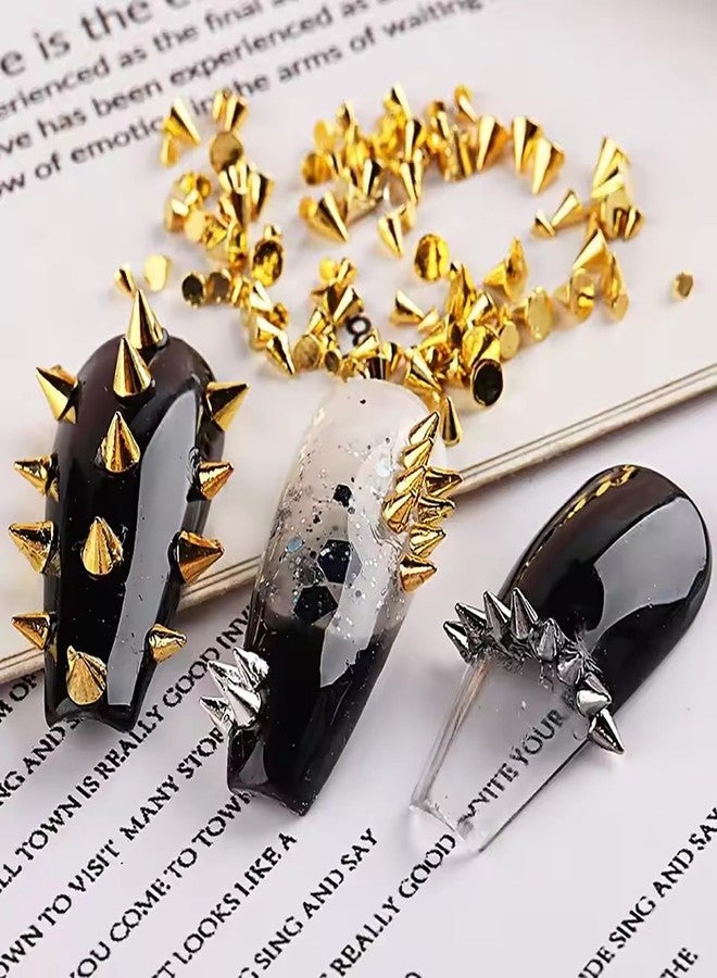 HYWWPFLAY 3D Mini Metal Punk Nail Art Studs, Mixed Sizes Gold & Black Cone Spikes Nail Charms, Alloy Nails Rivets Decoration for Gothic Y2K Jewelry Manicure DIY Accessories with Pickup Pen & Tweezers - Image 3