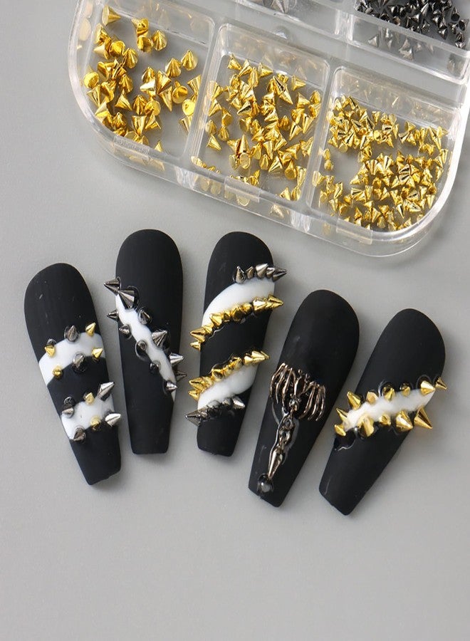 HYWWPFLAY 3D Mini Metal Punk Nail Art Studs, Mixed Sizes Gold & Black Cone Spikes Nail Charms, Alloy Nails Rivets Decoration for Gothic Y2K Jewelry Manicure DIY Accessories with Pickup Pen & Tweezers - Image 5