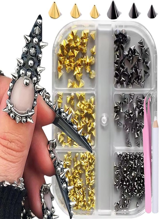 HYWWPFLAY 3D Mini Metal Punk Nail Art Studs, Mixed Sizes Gold & Black Cone Spikes Nail Charms, Alloy Nails Rivets Decoration for Gothic Y2K Jewelry Manicure DIY Accessories with Pickup Pen & Tweezers - Image 1