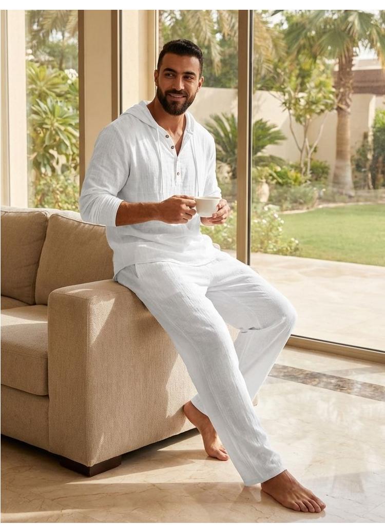 Men's Ultra-Lightweight Loungewear Set - Breathable Long-Sleeve Hooded Top & Trousers, Thin Relaxed Fit Summer Loungewear Set - Image 1