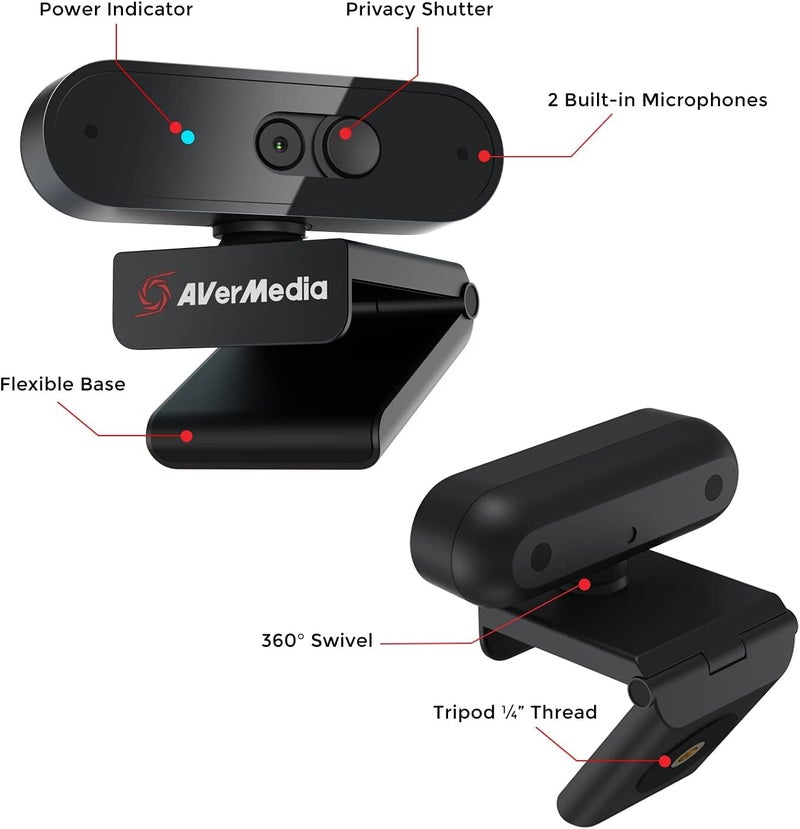 Ventilated design AVerMedia PW310P Webcam, Webcam Cover, 1080p/30fps Videochat and Recording, Plug and play, Microphones, Stream, Autofocus, Works with Skype, Zoom, Team - Black Occasional & permanent usable - Image 3