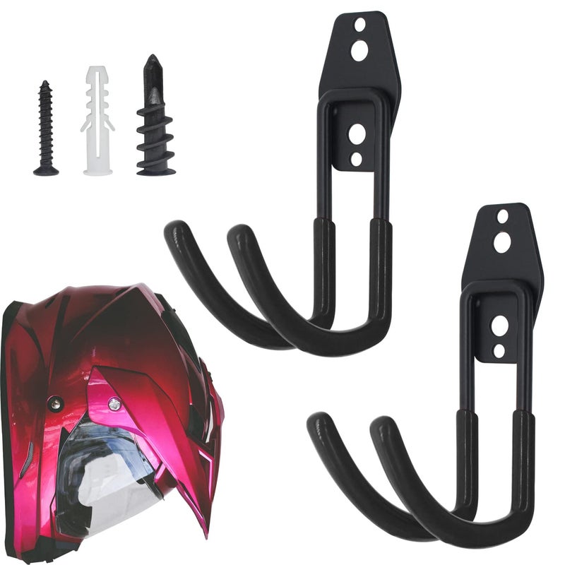 Amavoler Wall Mount Helmet Holder Black 2 Large Double Iron Curved Hooks with Mounting Screws Ideal for Harley Honda Kawasaki Helmets - Image 2