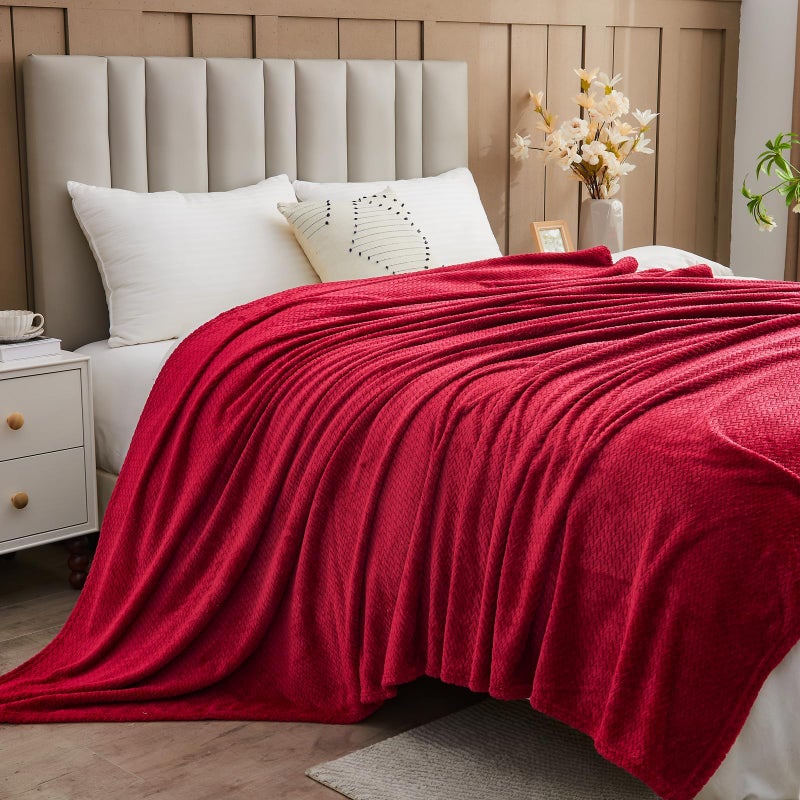 NEWCOSPLAY Super Soft Queen Blanket Red Premium Silky Flannel Fleece Leaves Pattern Lightweight Bed Blanket All Season Use (Red, Queen(90"x90")) - Image 4